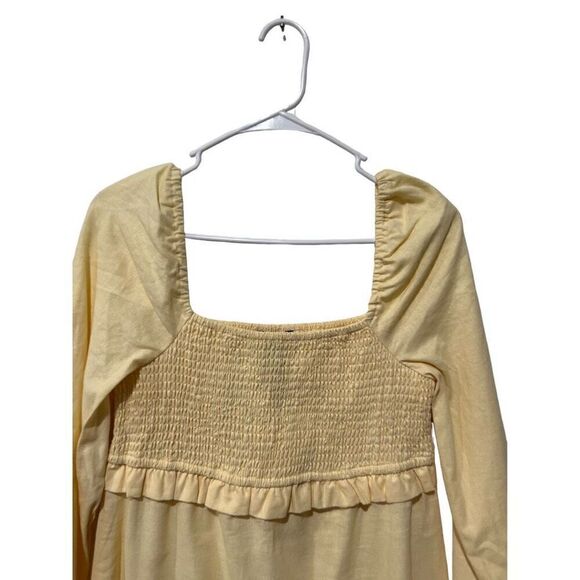 7 For All Mankind Puff Sleeves Smocked Linen Midi Dress Pastel Yellow Small NWT - Picture 3 of 13